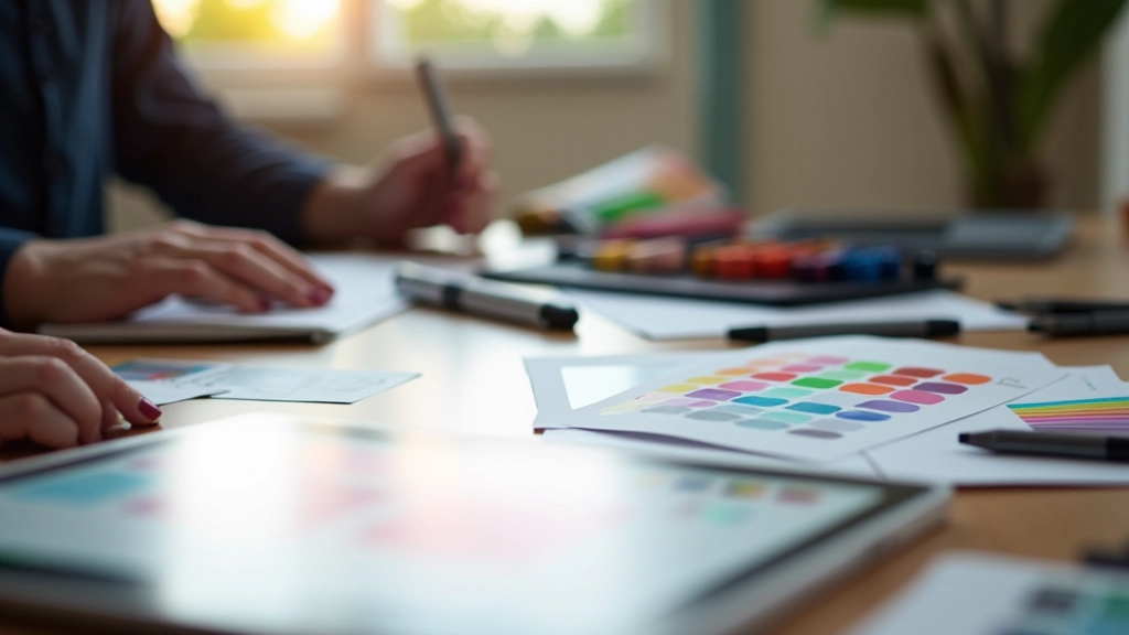 Mesa de designer com paleta de cores impressa, canetas e tablet mostrando projeto de design
