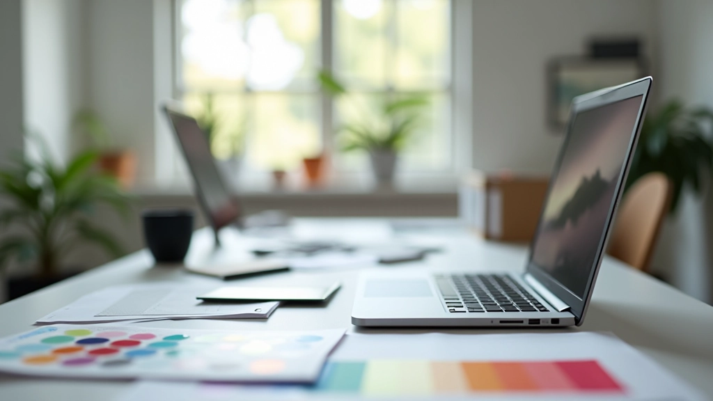 Estúdio de design digital com paleta de cores, monitor moderno e ambiente profissional